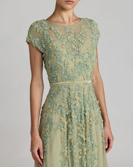 Green Floral Embellished Cap Sleeve Gown