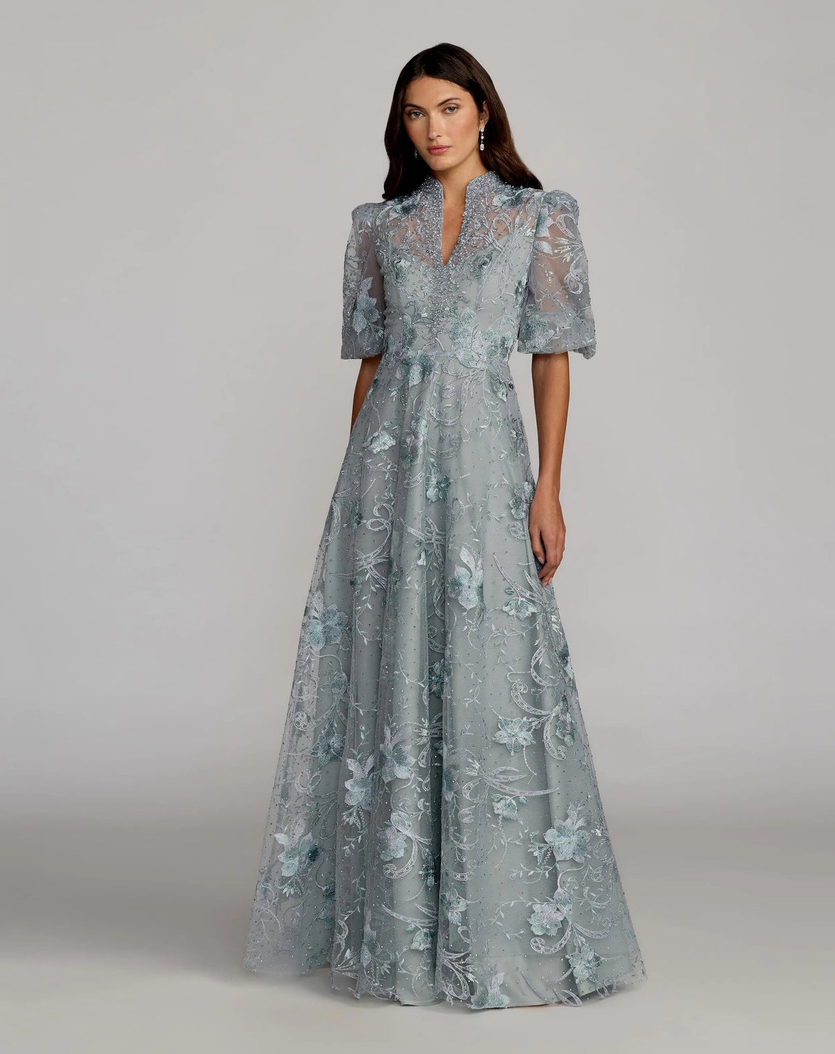 Blue Queen Anne Puff Sleeve Embroidered A-Line Gown