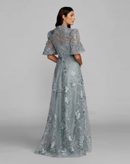 Blue Queen Anne Puff Sleeve Embroidered A-Line Gown