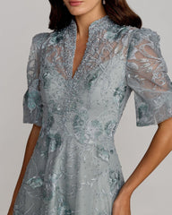 Blue Queen Anne Puff Sleeve Embroidered A-Line Gown