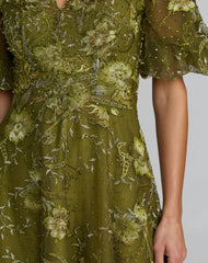 Green Queen Anne Puff Sleeve Embroidered A-Line Gown