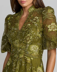 Green Queen Anne Puff Sleeve Embroidered A-Line Gown