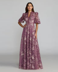 Purple Queen Anne Puff Sleeve Embroidered A-Line Gown