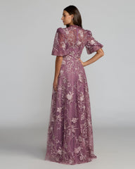 Purple Queen Anne Puff Sleeve Embroidered A-Line Gown