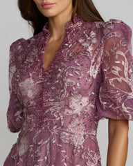 Purple Queen Anne Puff Sleeve Embroidered A-Line Gown