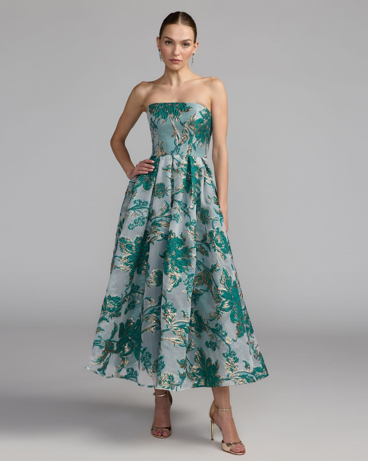 Teal Strapless Brocade Midi Dress with Pockets