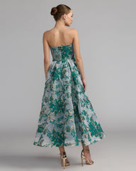 Teal Strapless Brocade Midi Dress with Pockets