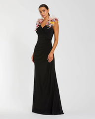 Black Jersey V-Neck Gown With 3D Flowers