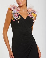 Black Jersey V-Neck Gown With 3D Flowers