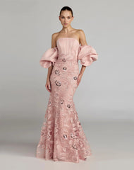 Pink Satin Off The Shoulder Embroidered Mermaid Gown