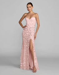 Pink 3D Floral Strapless Sweetheart Gown With Slit