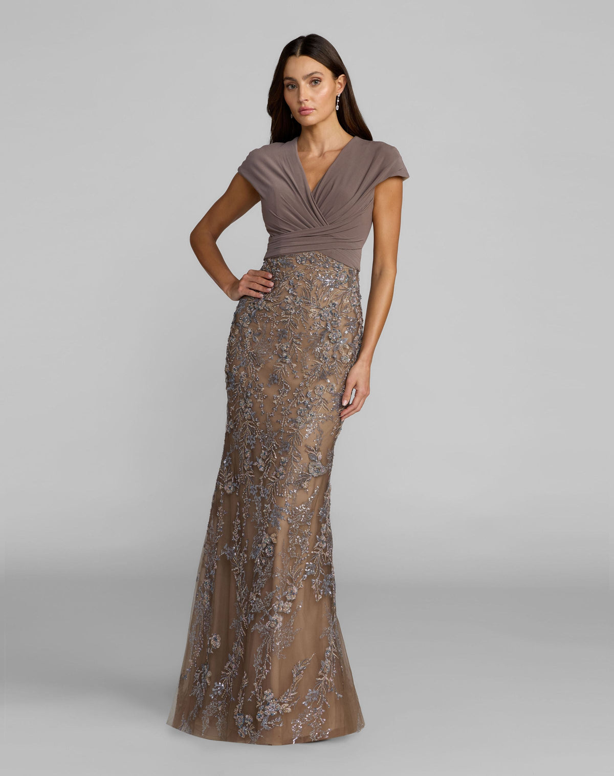 Beige Jersey Wrap Top Floral Sequin Gown