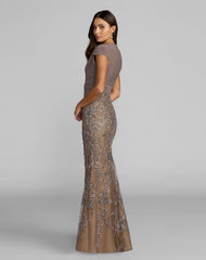 Beige Jersey Wrap Top Floral Sequin Gown