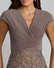 Beige Jersey Wrap Top Floral Sequin Gown