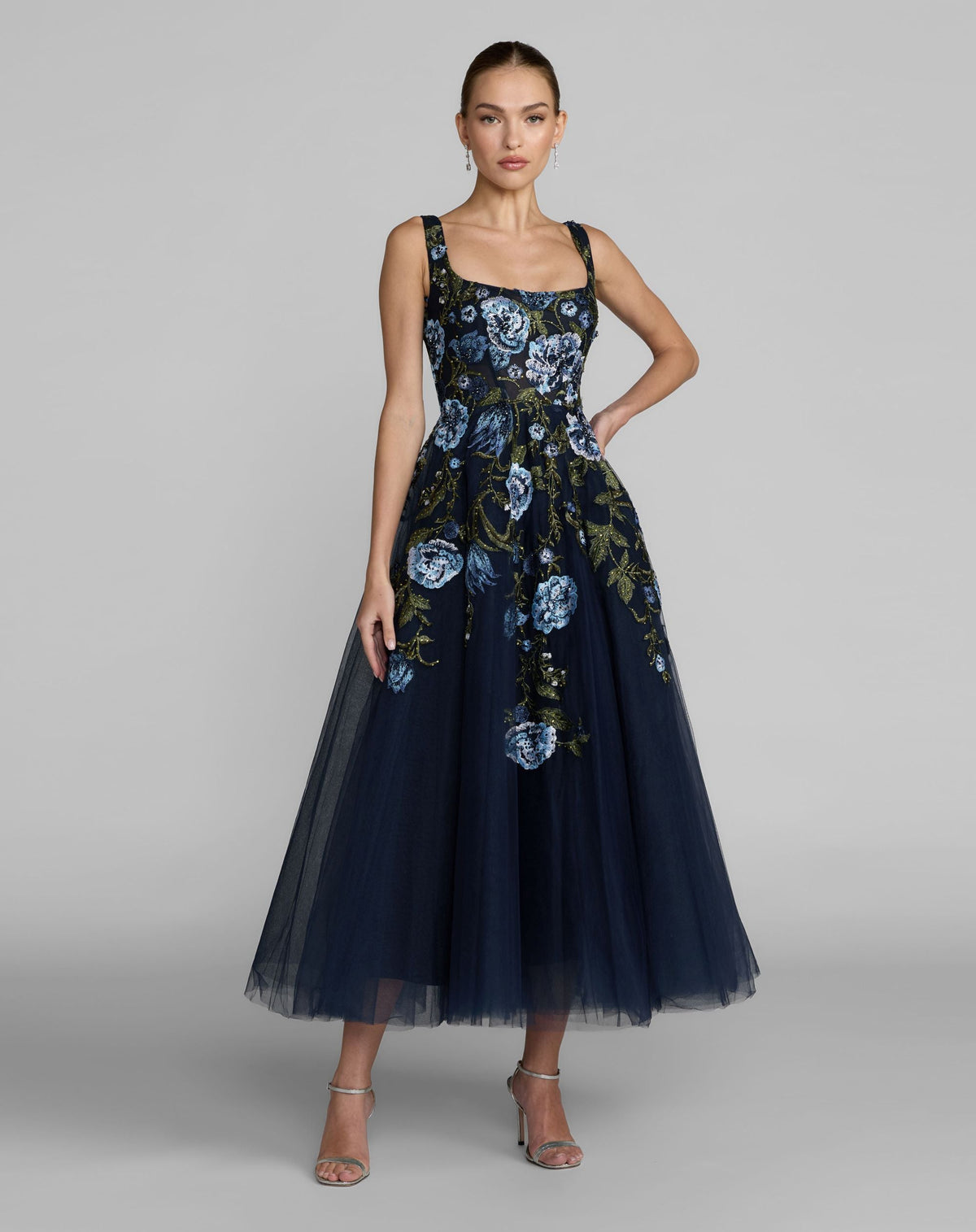 Navy Square Neck Embroidered A-Line Midi Dress