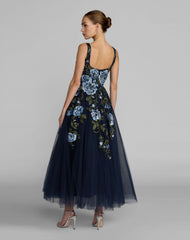 Navy Square Neck Embroidered A-Line Midi Dress