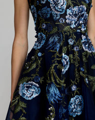 Navy Square Neck Embroidered A-Line Midi Dress