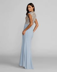 Blue Embroidered V Neck Jersey Draped Gown