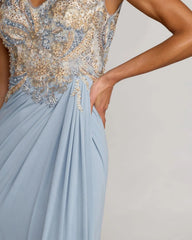 Blue Embroidered V Neck Jersey Draped Gown