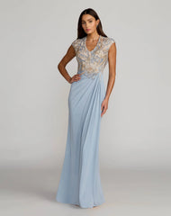 Blue Embroidered V Neck Jersey Draped Gown