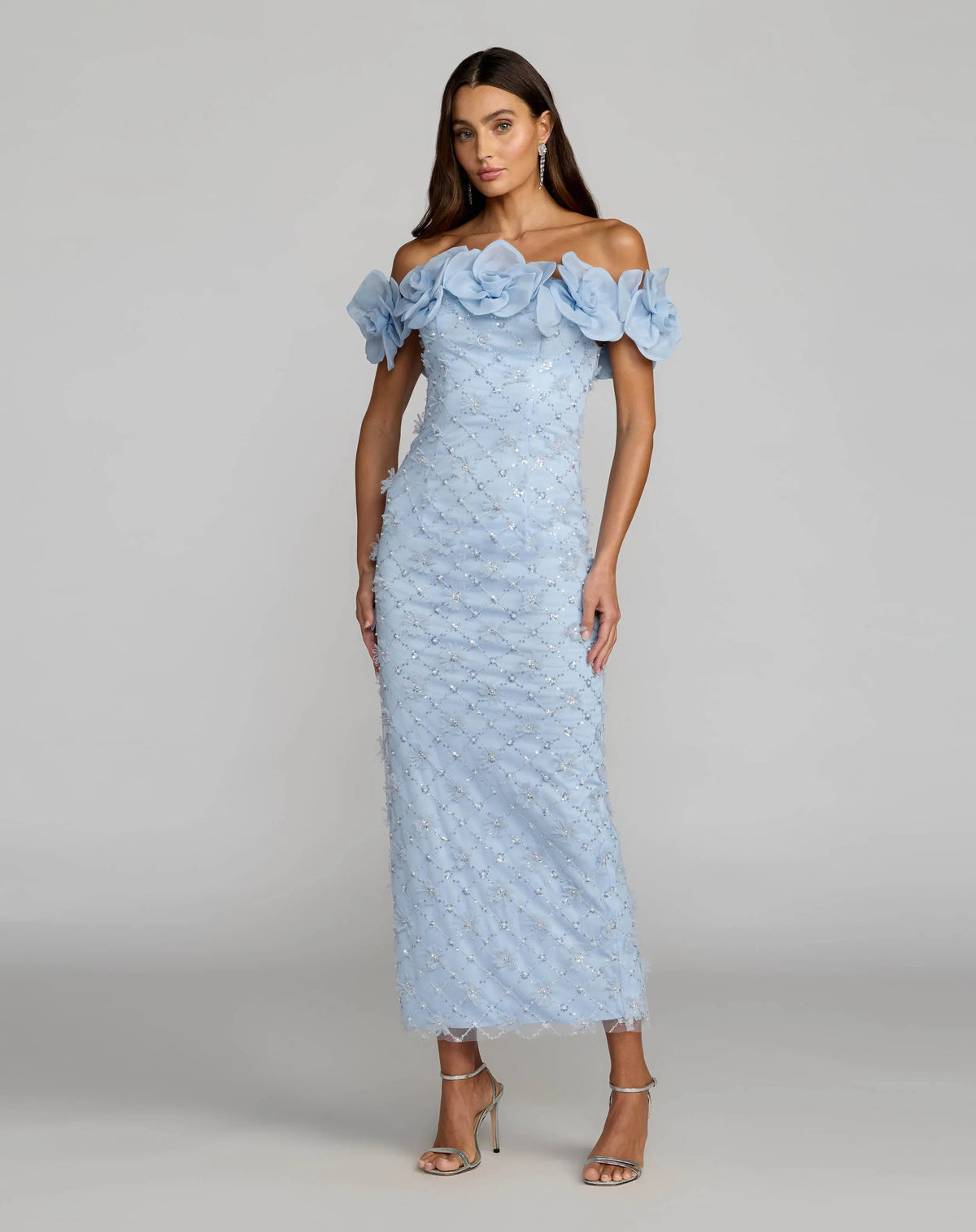 Blue Off The Shoulder Embellished Dress With 3D Flower Detail