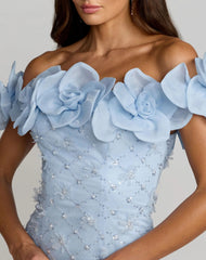 Blue Off The Shoulder Embellished Dress With 3D Flower Detail