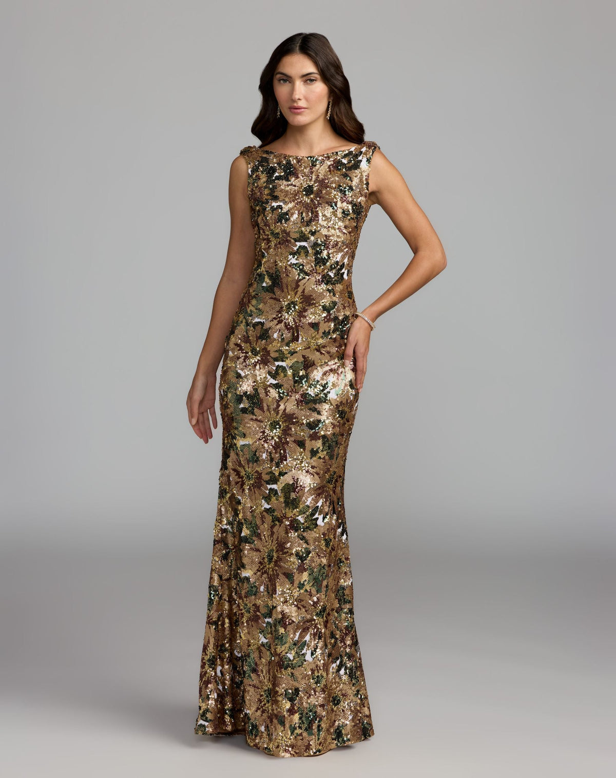 Gold Floral Sequin Cowl Back Trumpet Gown