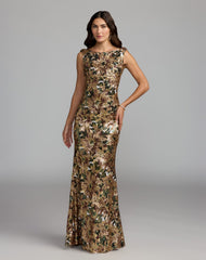 Gold Floral Sequin Cowl Back Trumpet Gown