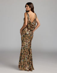 Gold Floral Sequin Cowl Back Trumpet Gown
