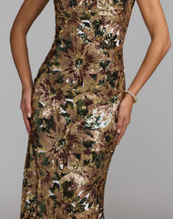 Gold Floral Sequin Cowl Back Trumpet Gown