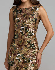 Gold Floral Sequin Cowl Back Trumpet Gown