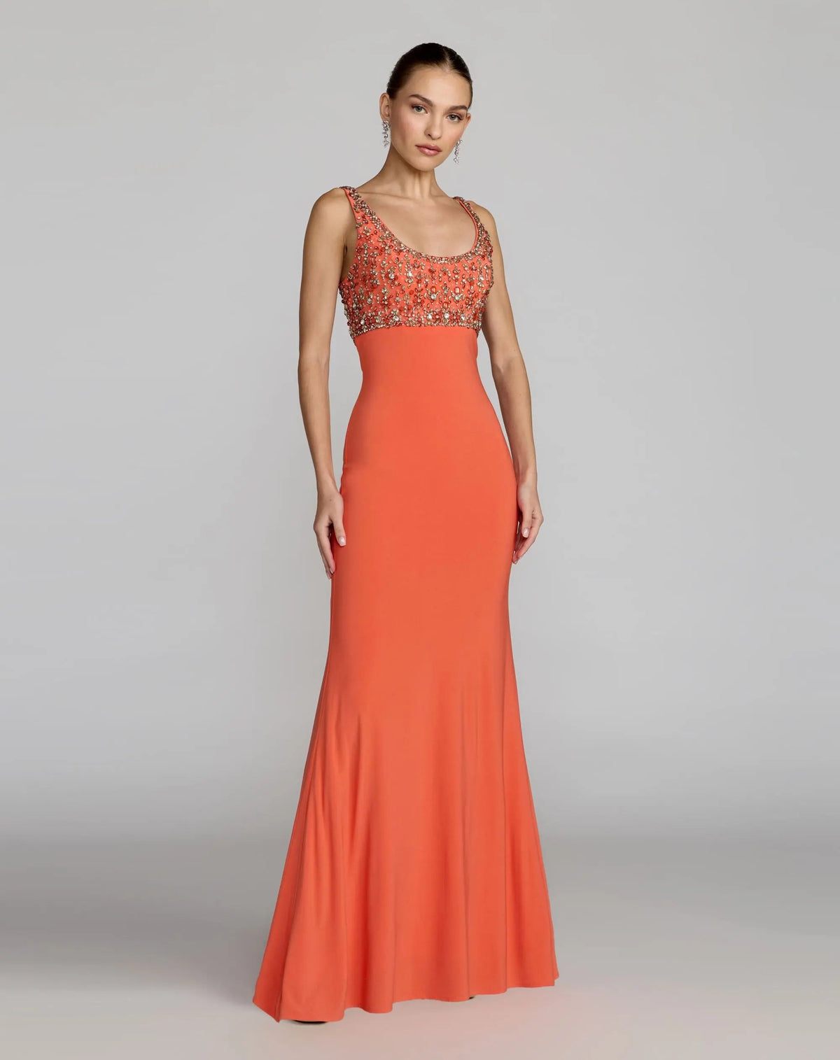 Orange Sleeveless Scoop Neck Embellished Jersey Gown