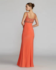 Orange Sleeveless Scoop Neck Embellished Jersey Gown