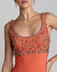 Orange Sleeveless Scoop Neck Embellished Jersey Gown