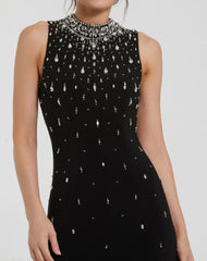 Black Rhinestone Embellished Sleeveless Crepe Gown