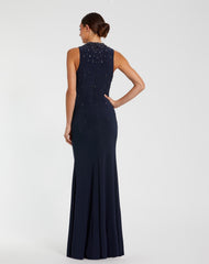 Navy Rhinestone Embellished Sleeveless Crepe Gown