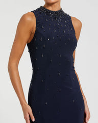 Navy Rhinestone Embellished Sleeveless Crepe Gown