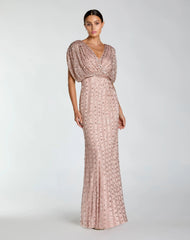 Pink Embellished Blouson V Neck Column Gown