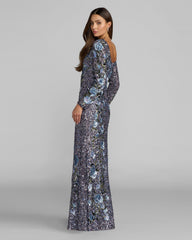 Blue Floral Sequin Long Sleeve Gown