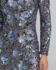 Blue Floral Sequin Long Sleeve Gown