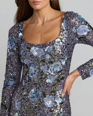Blue Floral Sequin Long Sleeve Gown