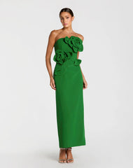 Green Strapless Crepe Dress With 3D Flower Detail