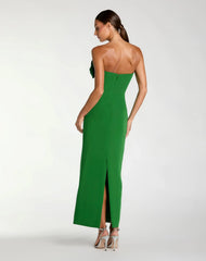 Green Strapless Crepe Dress With 3D Flower Detail