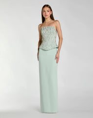 Green Embellished Crepe Strapless Column Gown
