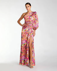 Multicolor Floral One Shoulder Charmeuse Gown With Slit