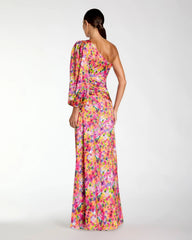 Multicolor Floral One Shoulder Charmeuse Gown With Slit