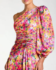 Multicolor Floral One Shoulder Charmeuse Gown With Slit
