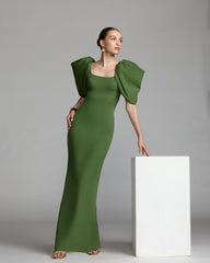 Green Crepe Square Neck Gown With Puff Sleeves