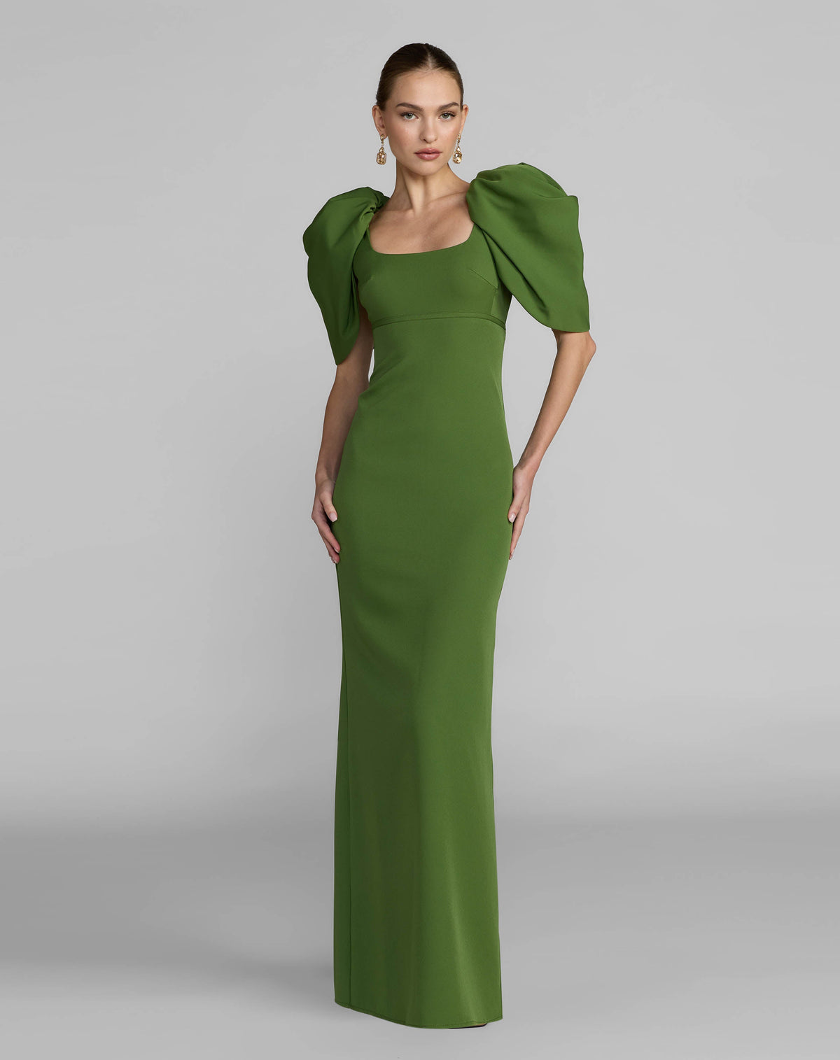 Green Crepe Square Neck Gown With Puff Sleeves