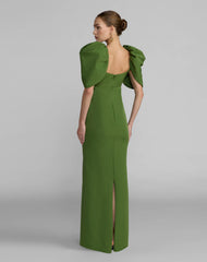 Green Crepe Square Neck Gown With Puff Sleeves